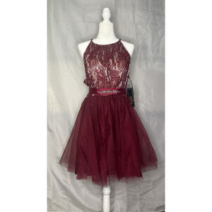 Coya Collection Burgundy Lace Tulle Party Dress XL NWT Beaded Waist Homecoming